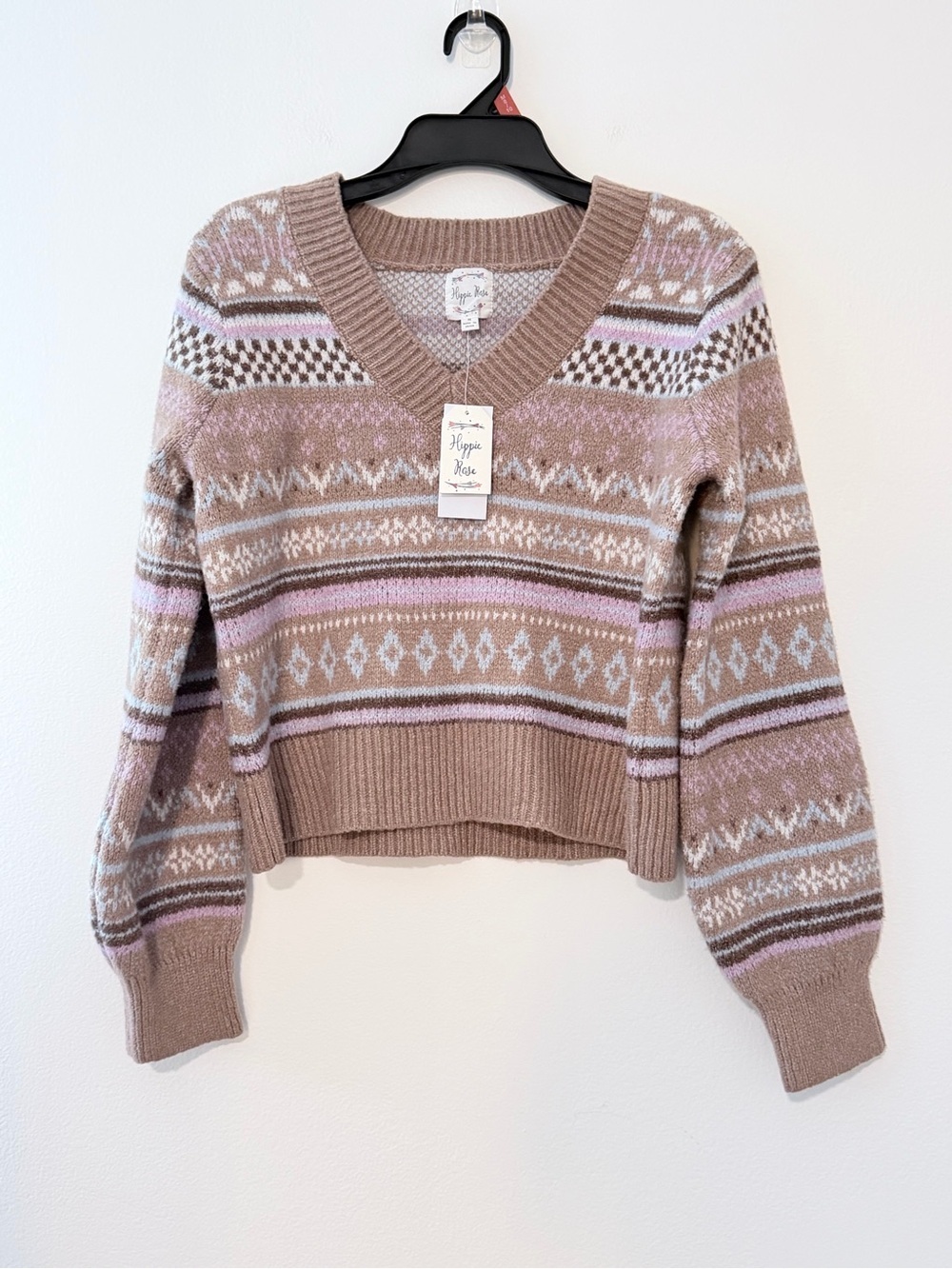 Hippie Rose Fair Isle Cropped Sweater Womens Medium Mocha Pink NWT Boho
